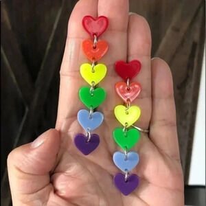 Rainbow Hearts Long Drop Earrings Pride LGBTQ